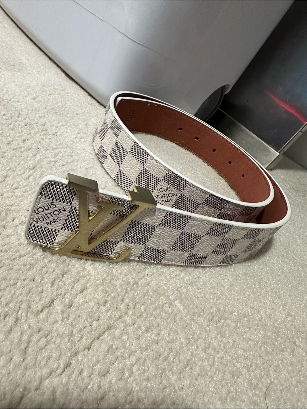Louis Vuitton Damier Azur Canvas Women’s Belt with Gold LV Buckle - White/Tan